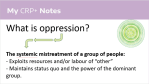Image shows screenshot of a Google Slide titled "My CRP+ Notes" with the question "What is oppression?" followed by what appears to be a rough definition, stating, "The systemic mistreatment of a group of people" followed by "exploits resources and/or labour of 'other'" and "maintains status quo and the power of dominant group." Under the word "systemic" is underlined with the red squiggle Google uses to alert users to spelling errors. Above the word is a series of arrows going from "oppression" to "systemic"